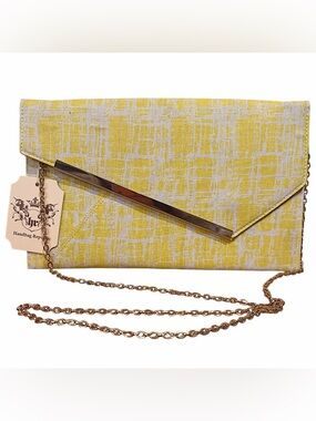 Yellow Linen Envelope Clutch Gold Chain & Wristlet Handbag Republic NWT